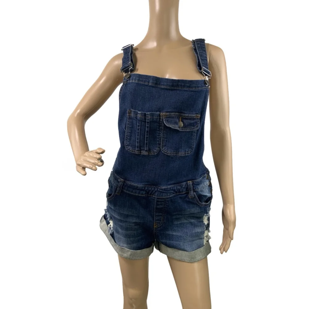 Machine Dark Wash Denim Overalls Shorts‎ Blue Distressed Lg Cabincore Fisherman